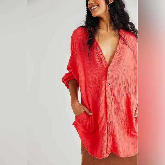 Free People We the Free Oversized Distressed Pink Rose Button Down Shirt Size XS - Picture 2 of 11